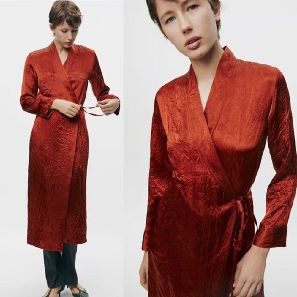 Sexy Wedding Party ZARA Rust Satin Faux Robe Boudoir Cottagecore Glam Size XS